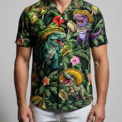 Hawaiian D&D shirt with vibrant dinosaur characters wearing sombreros surrounded by tropical flowers and palm leaves