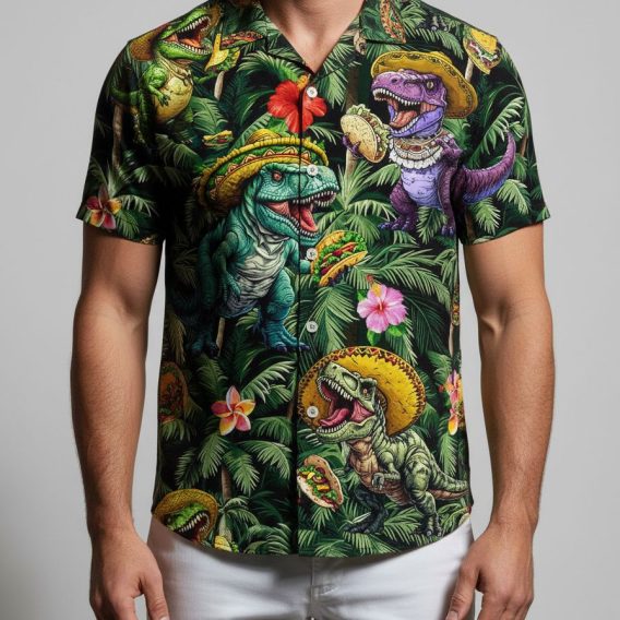 Hawaiian D&D shirt with vibrant dinosaur characters wearing sombreros surrounded by tropical flowers and palm leaves