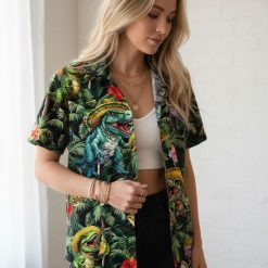 Hawaiian DnD shirt size chart and specifications showing fit details for dinosaur sombrero taco print design