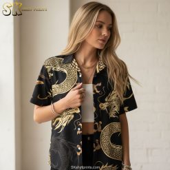 Hawaiian DnD shirt specifications showing dragon pattern details, sizing chart, and product features