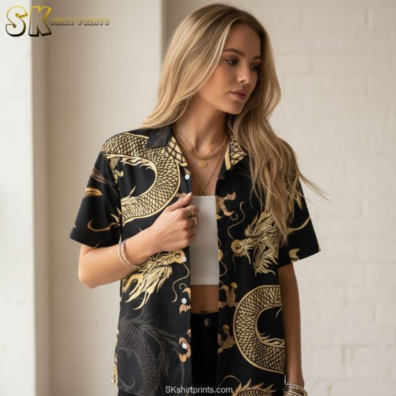 Hawaiian DnD shirt specifications showing dragon pattern details, sizing chart, and product features