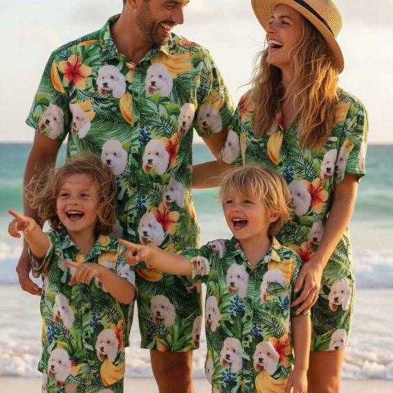 Hawaiian dog print shirt with white fluffy dog graphics, tropical leaves, hibiscus flowers and banana pattern