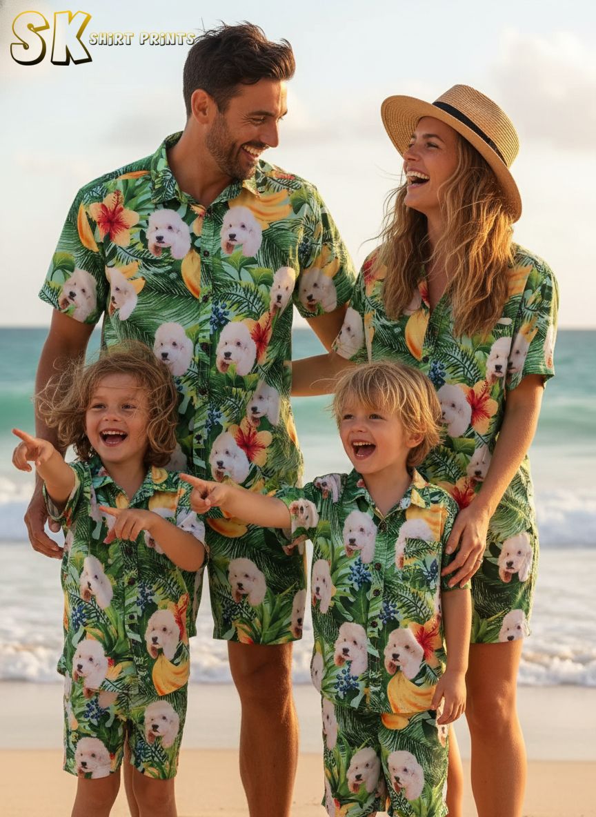 Hawaiian dog print shirt with white fluffy dog graphics, tropical leaves, hibiscus flowers and banana pattern
