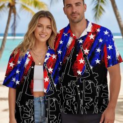 Hawaiian gun shirt displaying rifle silhouettes with American flag colors and white stars