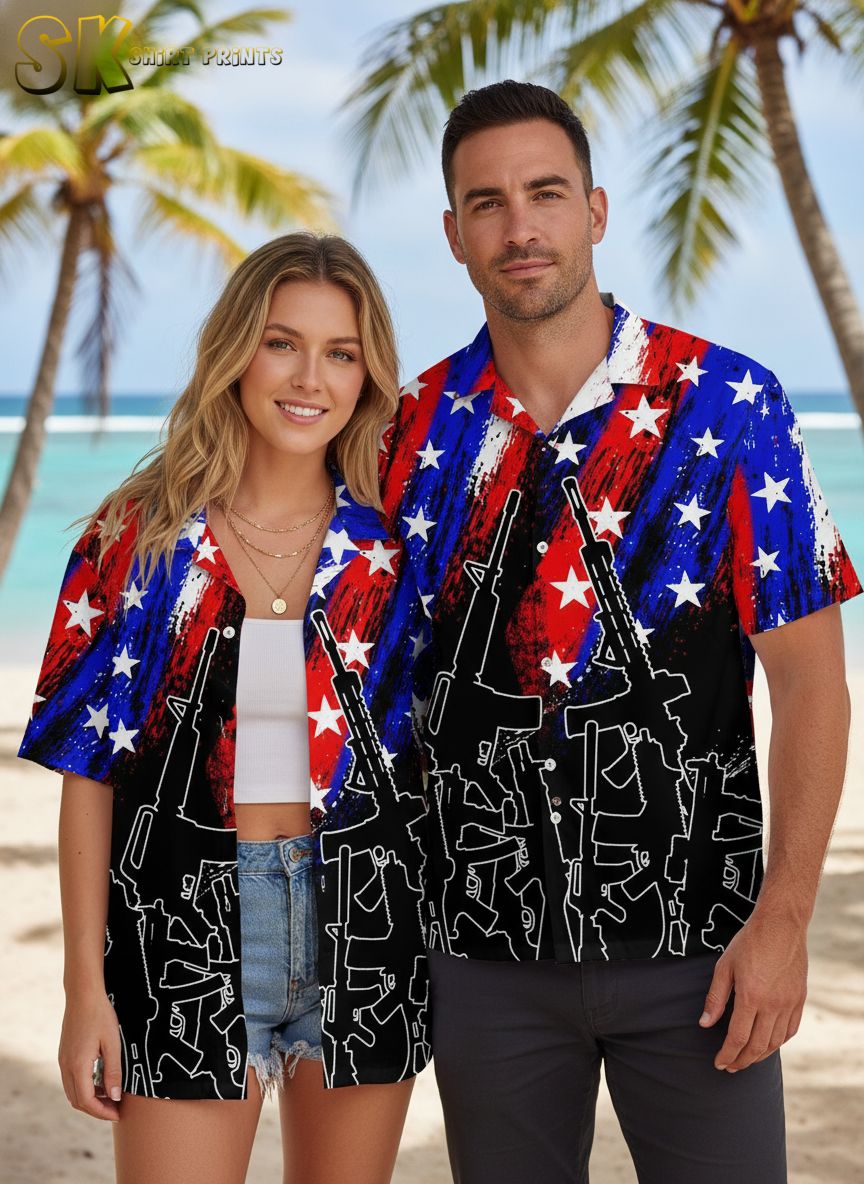 Hawaiian gun shirt displaying rifle silhouettes with American flag colors and white stars