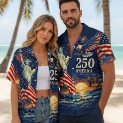 Hawaiian gun shirt displaying Liberty Bell, eagle, and fireworks with patriotic American theme