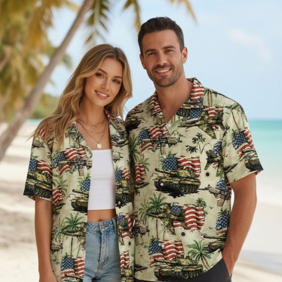Hawaiian gun shirt with detailed firearm graphics mixed with palm trees and tropical elements