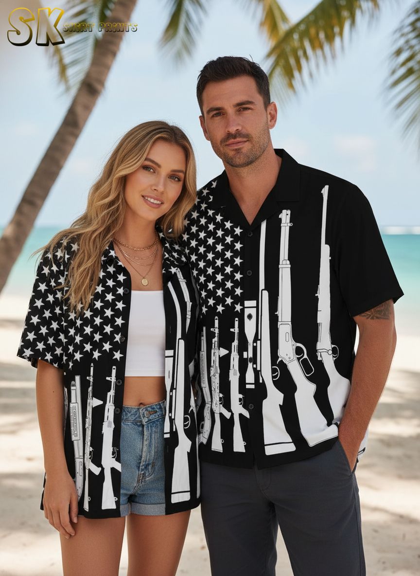 Hawaiian gun shirt displaying white firearm silhouettes on black background with star panel