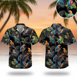 Hawaiian parrots shirt featuring vibrant blue, orange, green and red tropical birds on black background lifestyle photo
