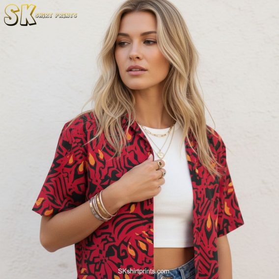 Hawaiian shirt black and red sizing specifications and measurement chart for online ordering