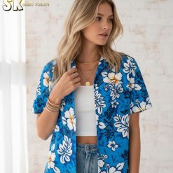 Hawaiian shirt blue white product specifications showing sizing details and fabric information
