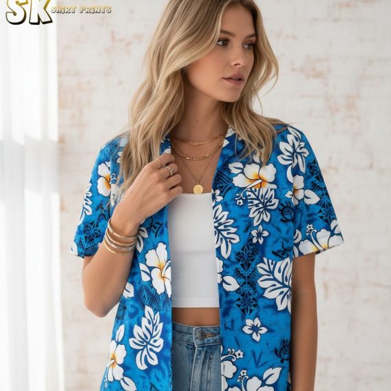Hawaiian shirt blue white product specifications showing sizing details and fabric information