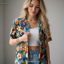 Hawaiian shirt pattern showing biker rooster character with Born to Be Fabulous text and tropical leaf background