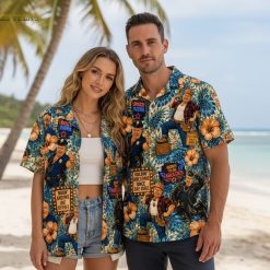 Hawaiian shirt section showing construction worker rooster character with Buildin' Awesome Since Day One text and tropical background