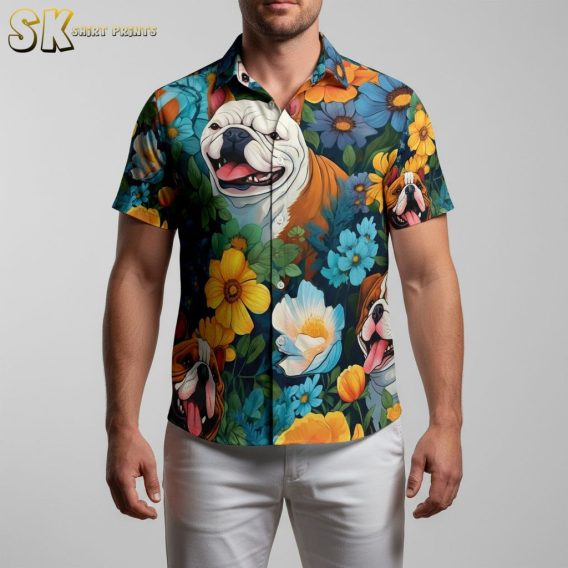 Hawaiian shirt with expressive bulldog faces and large tropical blooms in bright colors