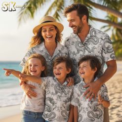 Hawaiian shirt dragon print collection showing various color options with traditional Asian dragon designs