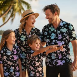 Hawaiian shirt dragon print collection showing multiple color variations of cartoon dragon aloha shirts