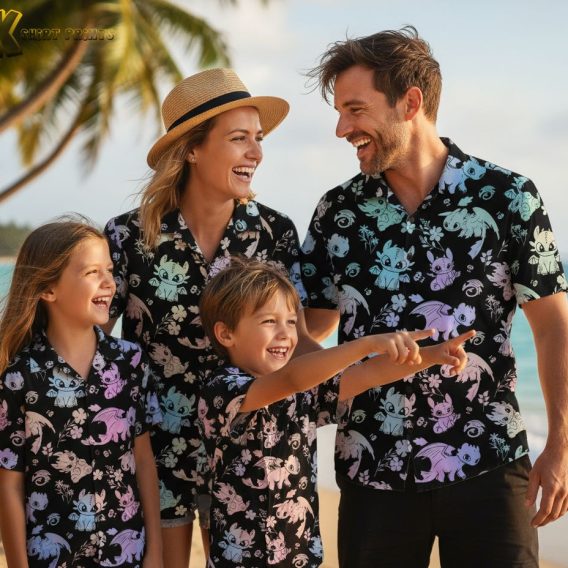 Hawaiian shirt dragon print collection showing multiple color variations of cartoon dragon aloha shirts