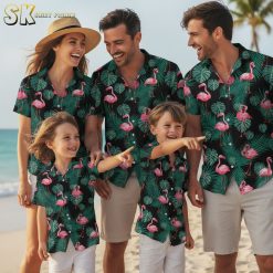 Hawaiian shirt with pink flamingos collection showing multiple color variations and styles