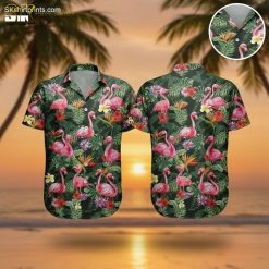 Hawaiian shirt with pink flamingos and tropical flowers on dark background