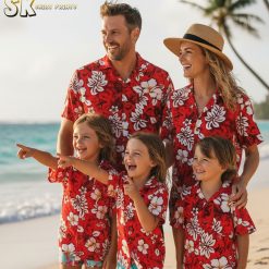 Hawaiian shirt red and white collection showing all available color variations of hibiscus floral design