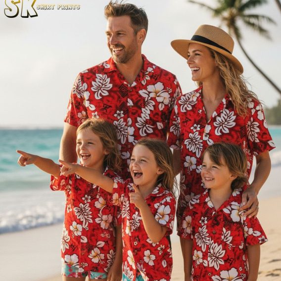 Hawaiian shirt red and white collection showing all available color variations of hibiscus floral design