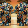 Hawaiian shirt featuring cartoon rooster characters as police officer, construction worker, and biker with tropical flowers