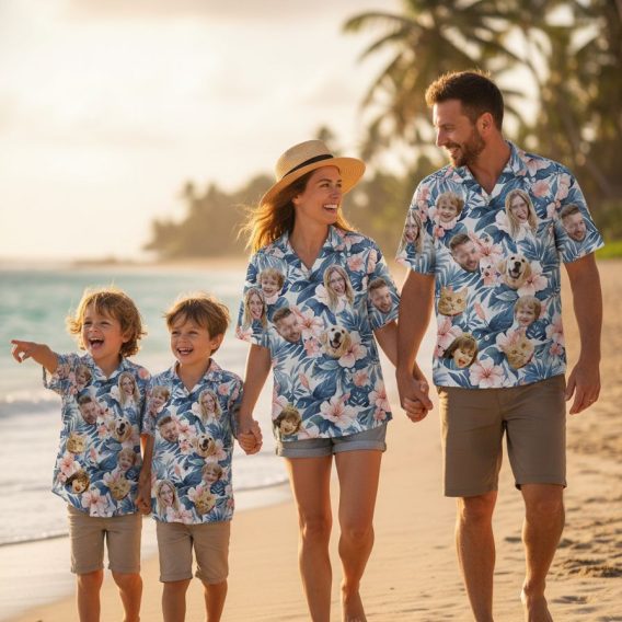 Hawaiian shirt with cat face prints integrated into tropical hibiscus and leaf pattern