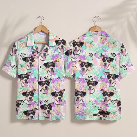 Dog Face Tropical Beach Hawaii Shirt - Short Sleeve Button Down Casual Summer Shirt