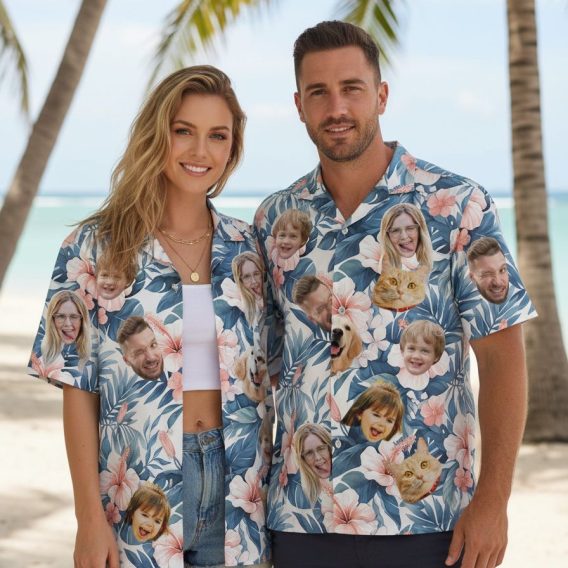 Hawaiian shirt with dog face print surrounded by tropical flowers and foliage design