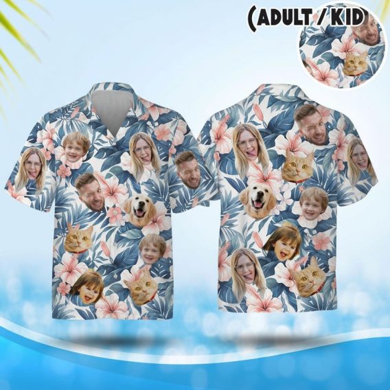 Hawaiian shirt with face prints featuring tropical hibiscus flowers and large leaves pattern