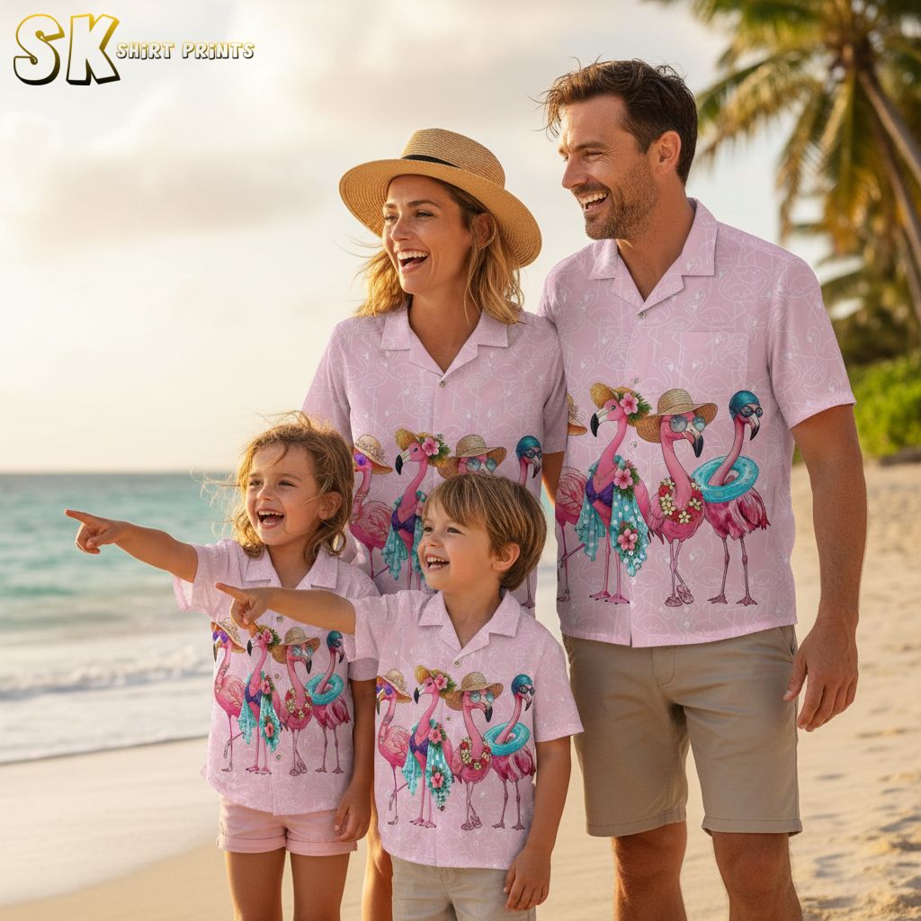 Hawaiian shirt with pink flamingos wearing beach attire including sunglasses, hats, and tropical flower accessories