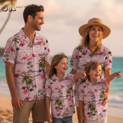 Hawaiian shirt with pink flamingos surrounded by tropical flowers and palm tree elements