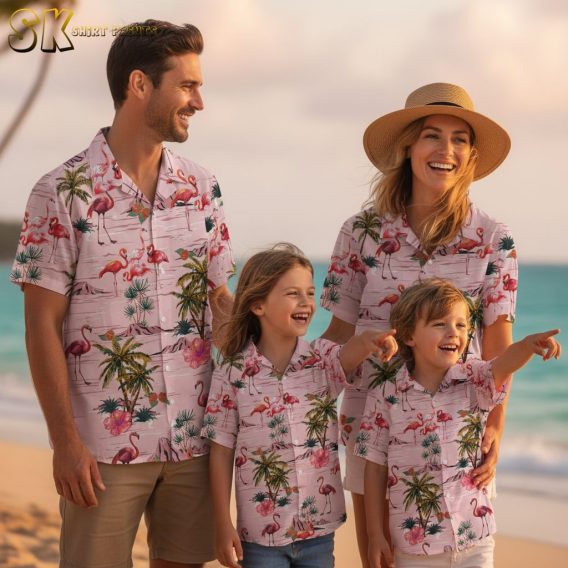 Hawaiian shirt with pink flamingos surrounded by tropical flowers and palm tree elements