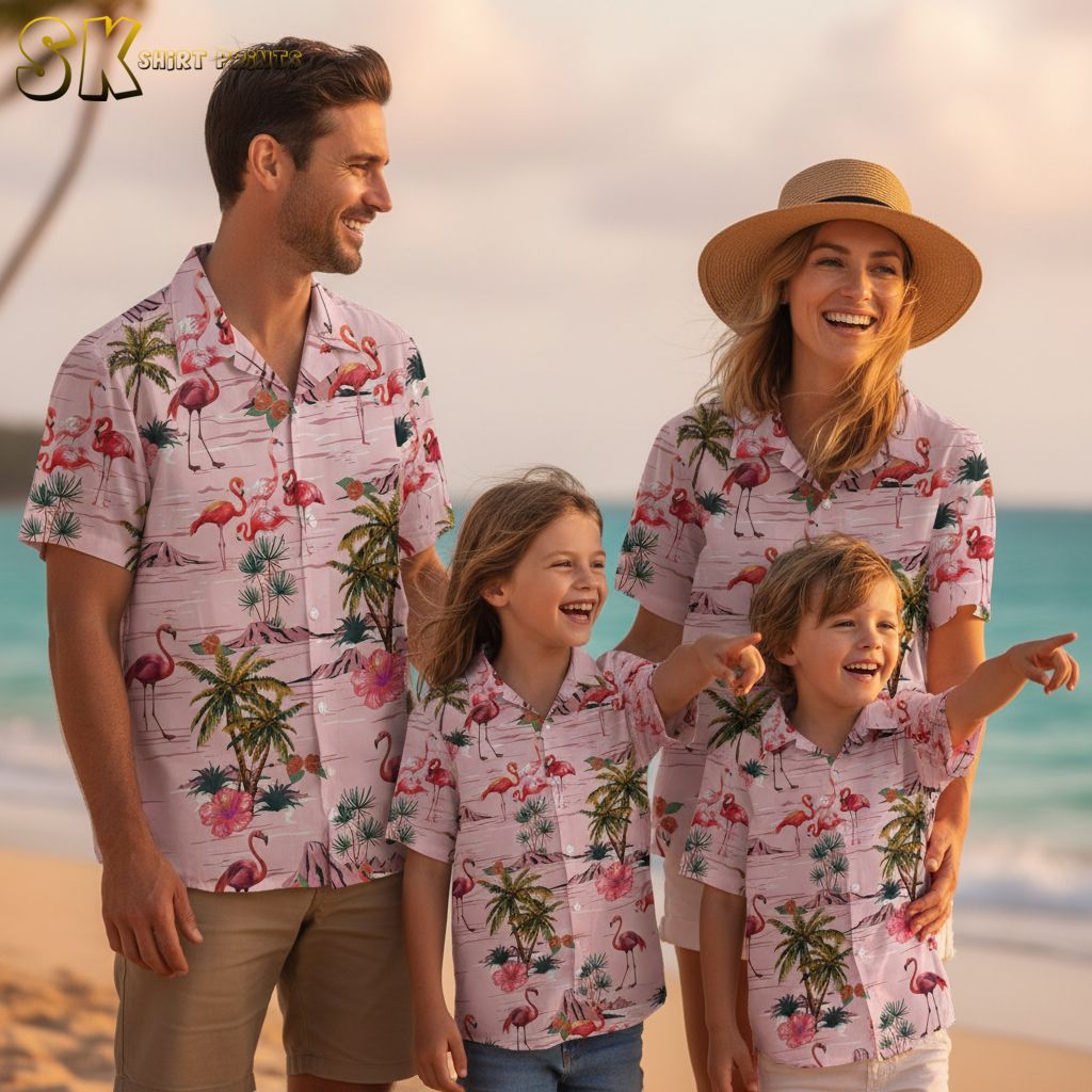 Hawaiian shirt with pink flamingos surrounded by tropical flowers and palm tree elements