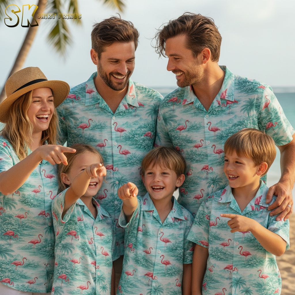 Hawaiian shirt with pink flamingos set against tropical mountains and palm vegetation
