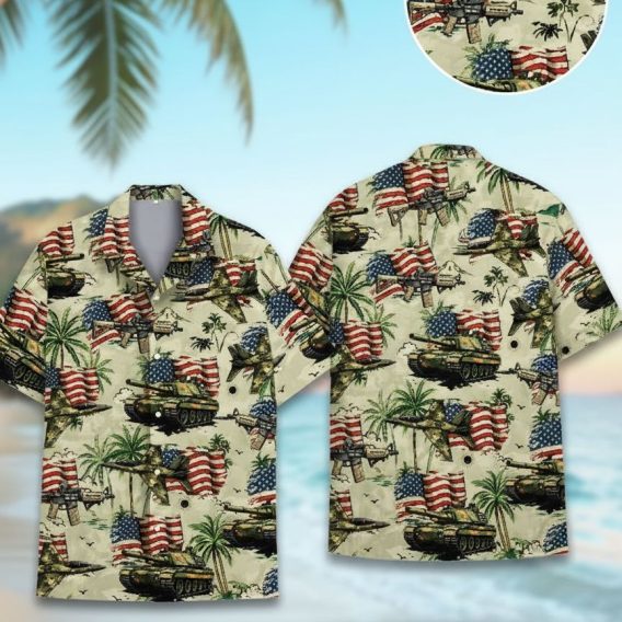 Hawaiian shirt with guns, tanks, fighter jets and American flag pattern on tropical palm tree background
