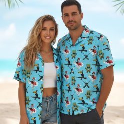 Hawaiian shirts with guns pattern showing armed birds, tiki masks, and flamingos in tropical shirt design