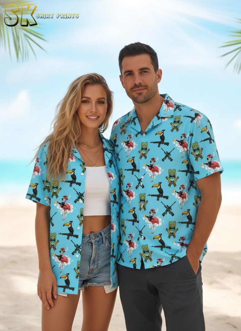 Tactical Flamingo Gun Themed Hawaiian Shirts with Tiki Masks and Armed Birds Pattern