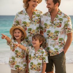 Hawaiian style christmas shirt with tropical pattern including palm trees, surfboards, hibiscus flowers, and beach scene elements