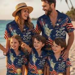 Hawaiian tactical shirt featuring America's 250th anniversary design with eagle, fireworks, and national symbols