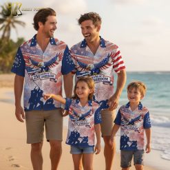 Hawaiian white shirt collection featuring various patriotic designs with eagles and American flags