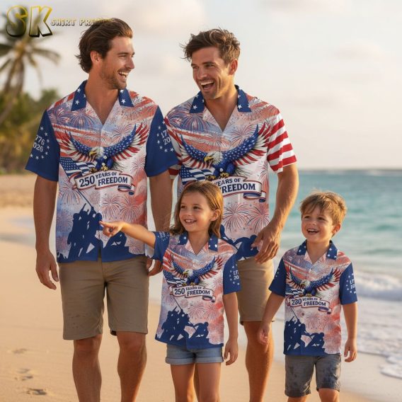 Hawaiian white shirt collection featuring various patriotic designs with eagles and American flags