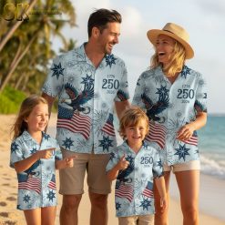 Independence Day 2026 Hawaiian shirt collection showing all available colors with eagles, flags, and America 250 patriotic design