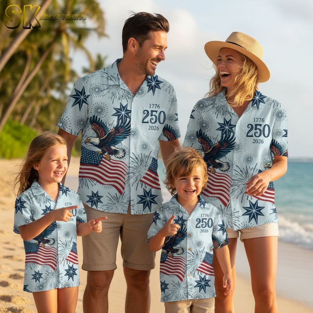 Independence Day 2026 Hawaiian shirt collection showing all available colors with eagles, flags, and America 250 patriotic design