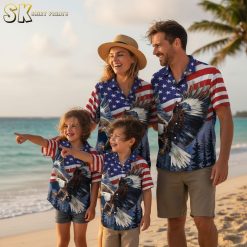 Independence Day Hawaiian shirt collection showing multiple flag and eagle design variations