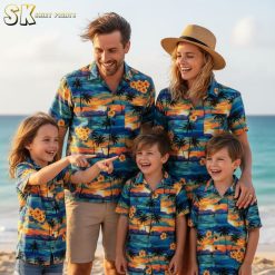 Island style shirt collection showing various tropical sunset print options and color variations