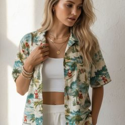 Ladies Christmas Hawaiian shirt with Santa Claus surfing pattern and Christmas tree motifs
