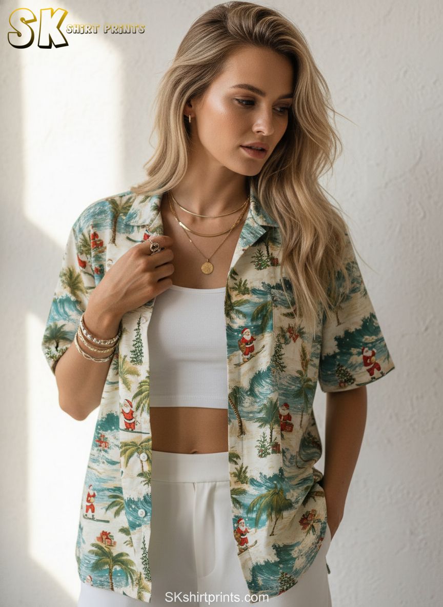 Ladies Christmas Hawaiian shirt with Santa Claus surfing pattern and Christmas tree motifs