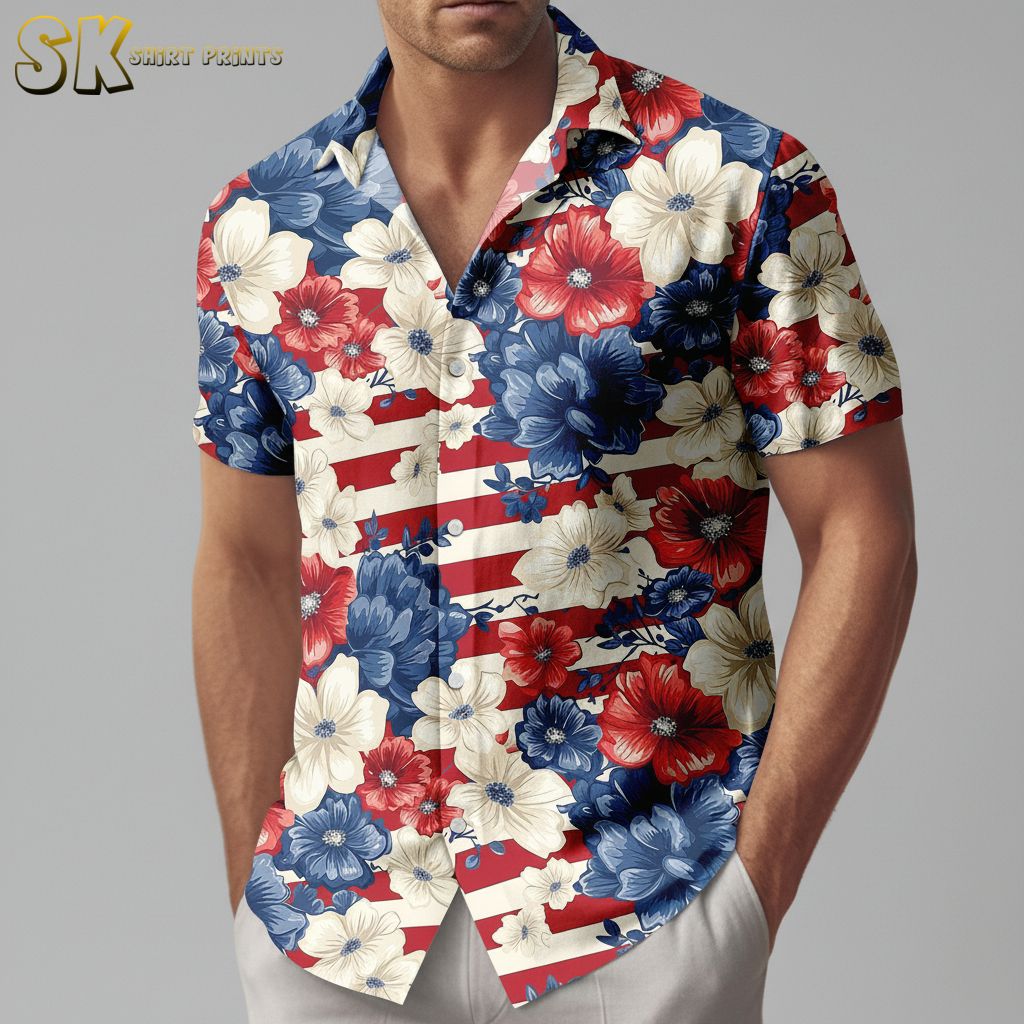 Ladies red Hawaiian shirt with patriotic red, white and blue flower pattern